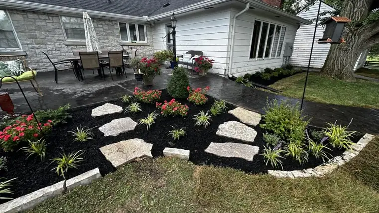 Mulch bed with stone path